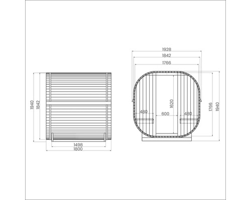 Dessin technique d'un sauna tonneau avec dimensions