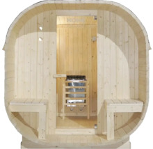 Sauna en tonneau de bois avec bancs et poêle de sauna
