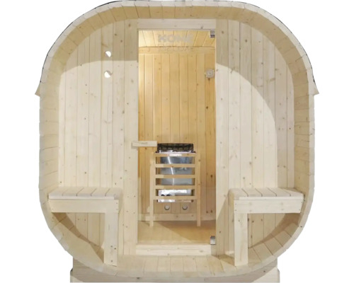 Sauna en tonneau de bois avec bancs et poêle de sauna