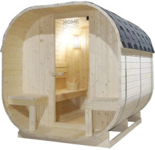 Sauna tonneau en bois avec porte en verre et bardeaux de toiture