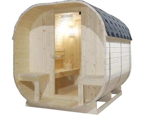 Sauna tonneau en bois avec porte en verre et bardeaux de toiture