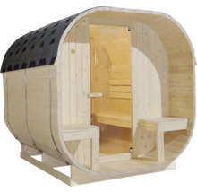 Sauna en bois en forme de tonneau avec bardeaux de toit et bancs