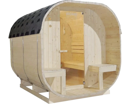 Sauna en bois en forme de tonneau avec bardeaux de toit et bancs