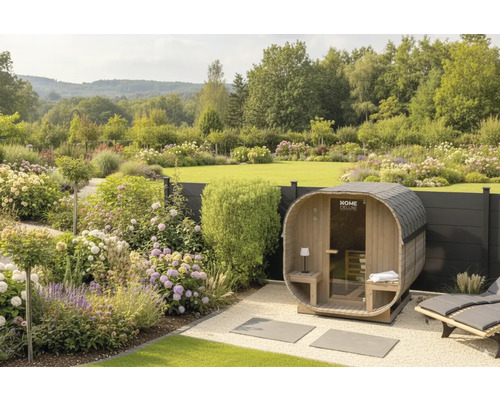 Jardin avec sauna tonneau et parterre planté