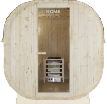 Sauna en tonneau de bois avec porte en verre et poêle de sauna