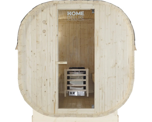 Sauna en tonneau de bois avec porte en verre et poêle de sauna