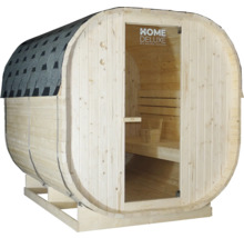 Sauna en tonneau en bois avec porte en verre et bardeaux bitumés sur le toit