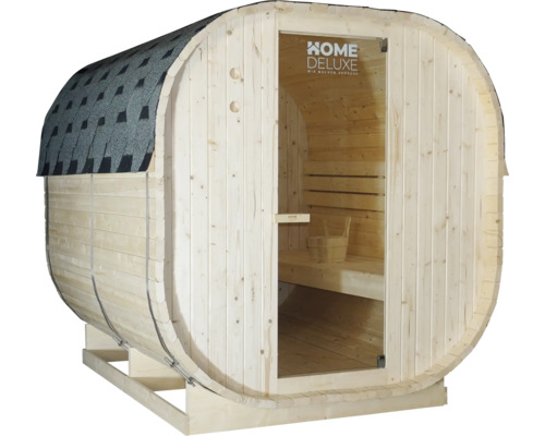 Sauna en tonneau en bois avec porte en verre et bardeaux bitumés sur le toit
