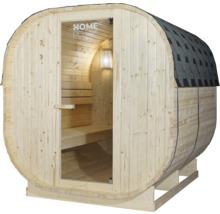 Sauna tonneau en bois avec porte en verre et toit en bardeau