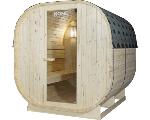 Sauna tonneau en bois avec porte en verre et toit en bardeau