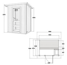 Dimensions d'un sauna de jardin avec porte, fenêtre et bancs