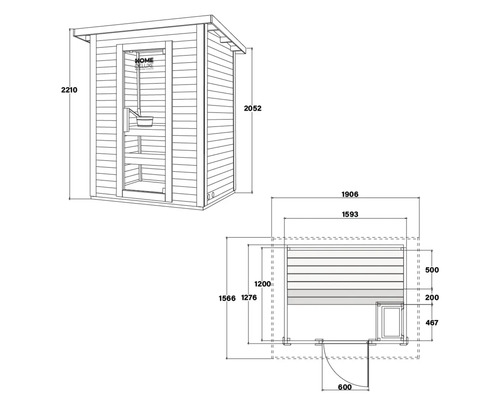Dimensions d'un sauna de jardin avec porte, fenêtre et bancs