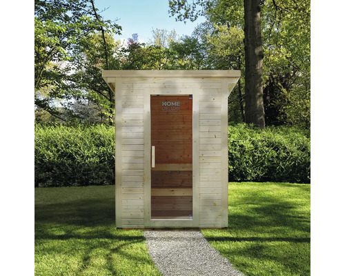 Sauna extérieure en bois avec porte en verre dans le jardin