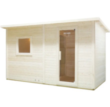 Sauna en bois avec fenêtre et porte en verre