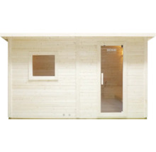 Sauna en bois avec fenêtre et porte en verre