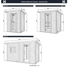 Comparaison de taille des variantes M, L et XL du sauna TALO avec indications de dimensions.