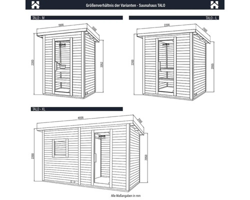 Comparaison de taille des variantes M, L et XL du sauna TALO avec indications de dimensions.