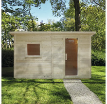 Sauna en bois avec fenêtre et porte en verre dans le jardin