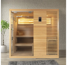 Holzsauna mit Glastür, Bänken und digitalem Bedienfeld