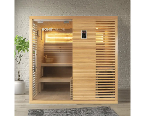 Sauna en bois avec porte en verre, bancs et panneau de commande numérique