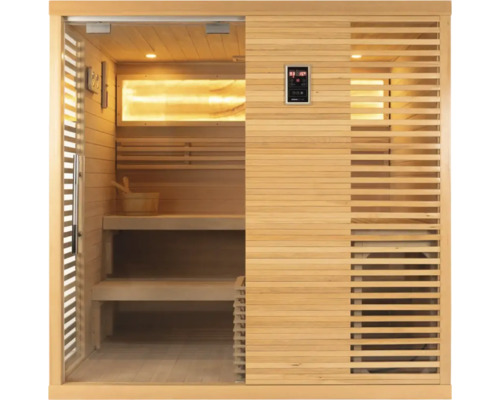 Sauna mit Holzverkleidung, Sitzelementen und digitalem Bedienfeld.