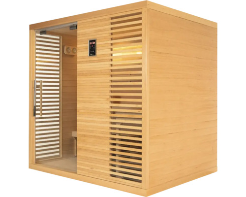 Holzsauna mit Glastür und Bedienfeld