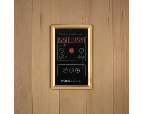 Panneau de commande d'un sauna pour régler l'heure, la température, le chauffage et la lumière