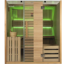 Sauna avec bancs en bois, seau en bois et porte en verre