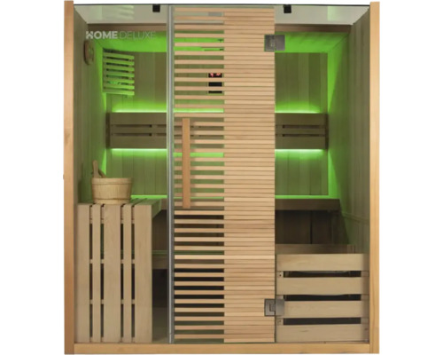 Sauna avec bancs en bois, seau en bois et porte en verre