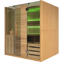 Sauna en bois avec porte en verre et éclairage intérieur