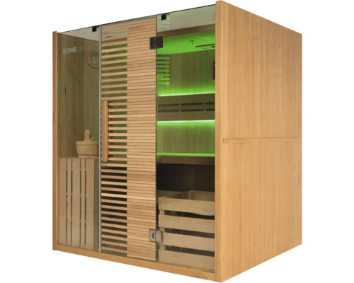 Sauna en bois avec porte en verre et éclairage intérieur