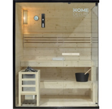 Sauna en bois avec poêle de sauna, seau à eau, louche, sablier, thermomètre et hygromètre