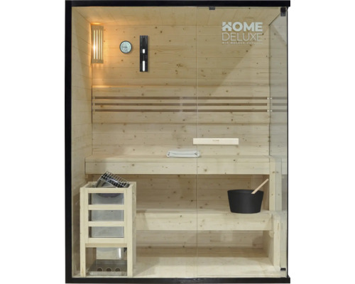 Sauna en bois avec poêle de sauna, seau à eau, louche, sablier, thermomètre et hygromètre