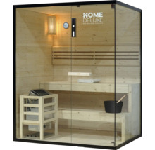 Sauna avec bancs en bois, poêle de sauna et façade en verre