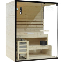 Sauna avec façade en verre, bancs en bois et accessoires