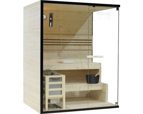 Sauna avec façade en verre, bancs en bois et accessoires