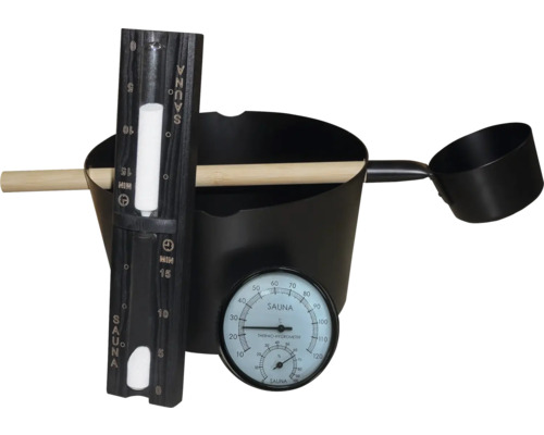 Seau de sauna avec louche, thermomètre et sablier