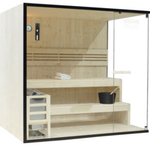 Sauna en bois avec porte en verre et intérieur