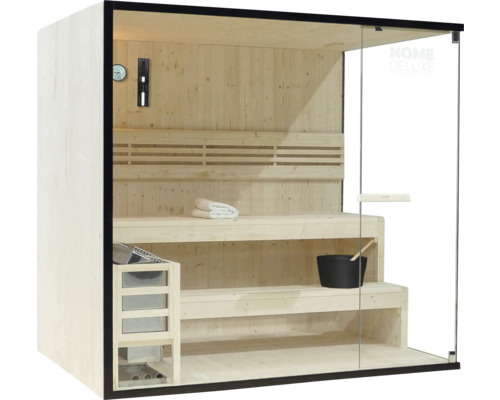 Sauna en bois avec porte en verre et intérieur