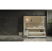 Sauna intérieure avec intérieur en bois et façade en verre