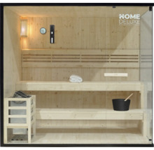 Intérieur d'un sauna avec des bancs en bois, un four et une façade en verre