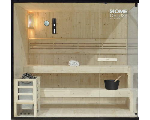 Intérieur d'un sauna avec des bancs en bois, un four et une façade en verre