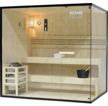 Sauna en bois avec porte en verre et aménagement intérieur