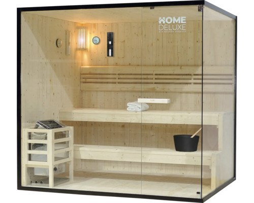 Sauna en bois avec porte en verre et aménagement intérieur