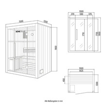 Schéma technique d'un sauna Home Deluxe avec dimensions