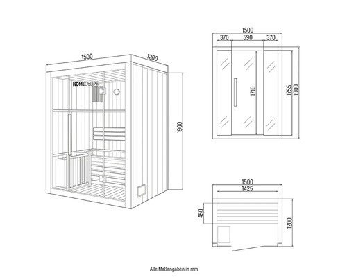 Schéma technique d'un sauna Home Deluxe avec dimensions