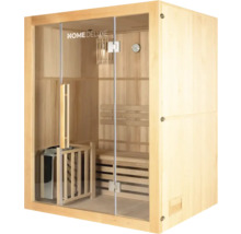 Sauna en bois avec porte en verre, bancs et poêle de sauna