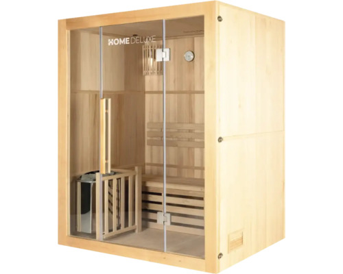 Sauna en bois avec porte en verre, bancs et poêle de sauna