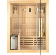 Intérieur d'un sauna avec des bancs en bois et une porte en verre