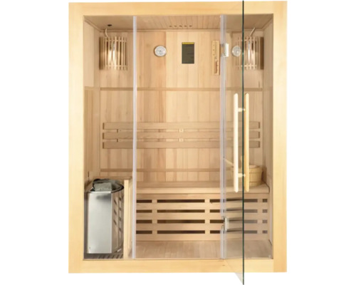 Intérieur d'un sauna avec des bancs en bois et une porte en verre